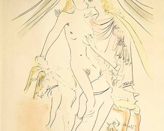 Original Salvador Dalí engraving "Vénus, Mars and Cupidon" from Suite Mythologique Nouvelle (1971), hand-signed by Dalí in pencil and hand-colored with watercolor (Pochoir). 