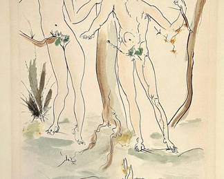 Original Salvador Dalí engraving "Adam et Eve" from Suite Mythologique Nouvelle (1971), hand-signed by Dalí in pencil and hand-colored with watercolor (Pochoir). 
