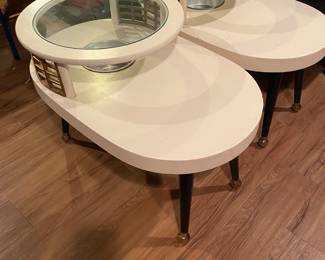 PAIR OF DONNA DRAKE, TV STUDIO COLLECTION, VINTAGE OVAL END TABLES. GLASS TOP  w/BRASS  DETAILS.