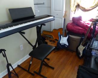 Casio CDP-100 88-Note Weighted Hammer Action Digital Piano, piano stand, music stand & bench, guitars