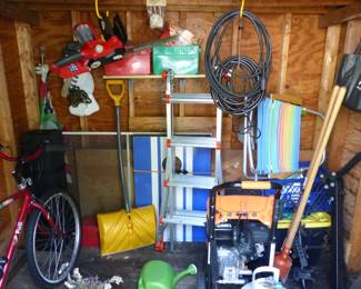 Ladder, power washer, tools