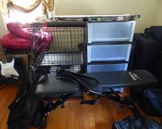 Weight bench, dog crates, bins