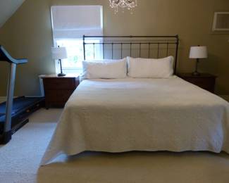 King size iron headboard with mattress & box spring, pair of night tables, lamps
