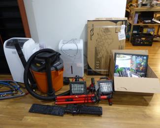 Misc basement items, portable air conditioner, dehumidifier, shop vac