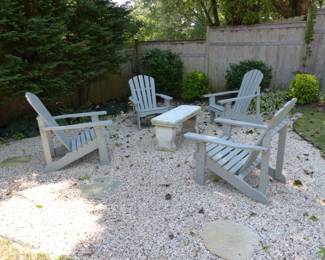 Adirondack chairs, stone bench 