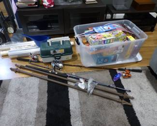 Area rug, curtain rods, fishing poles, games