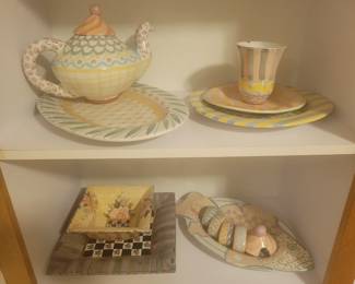 Mackenzie Childs Teapot and Serving Pieces. 