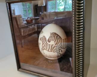 Zebra Painted Ostrich Egg in a Shadow box.