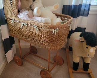 Antique Wicker Pram-Stroller and Rocking Horse.