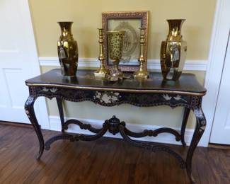 Console table with painted trim, assorted bric-a-brac