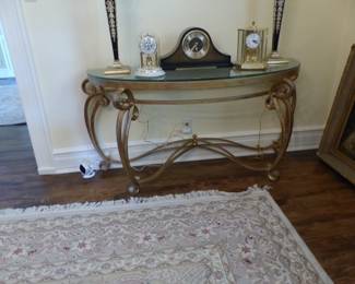 Brass demilune console table, bric-a-brac