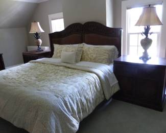 Tommy Bahama king size bed & pair of night tables, lamps