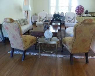 Pair of armless accent chairs, small brass tray side table