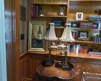 Pair of lamps, leather bound books