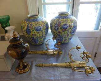 Asian design vases, pair of wall candle holders