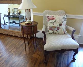 Pair of neutral accent chairs, decorative pillows, pair of petite French side tables, pair of lamps