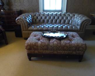 Chesterfield style sofa, fabric ottoman