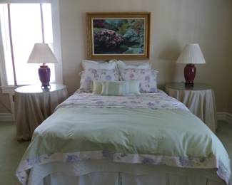 Bed, bedding, side tables, lamps, framed art