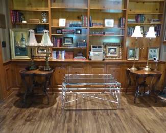Pair of antique tables, faux bamboo chrome/glass coffee table, pairs of lamps, leather bound and other books