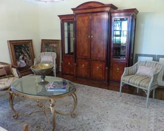 3 section display/storage/media wall unit, pair of chairs, brass coffee table, area rug