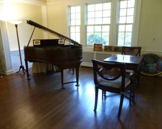 Antique baby grand player piano, Theodore Alexander game table with 2 chairs