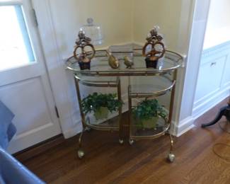 Vintage brass rolling cart, bric-a-brac