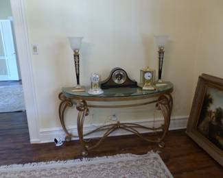 Brass demilune console table, bric-a-brac