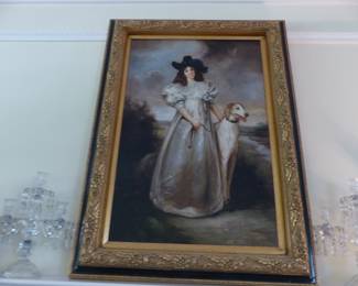 Ornately framed decorative art, pair of antique lusters, pair of dogs