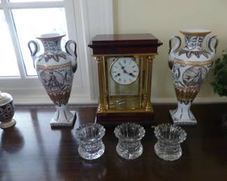 Demilune console table, assorted bric-a-brac