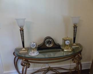 Brass demilune console table, bric-a-brac