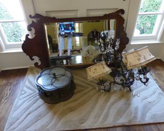 Antique mahogany mirror, chandelier & ceiling fixture