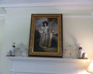 Ornately framed decorative art, pair of antique lusters, pair of dogs