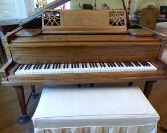 Antique baby grand player piano with bench & music reels