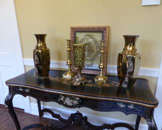Console table with painted trim, assorted bric-a-brac