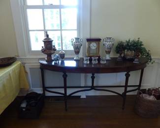Demilune console table, assorted bric-a-brac