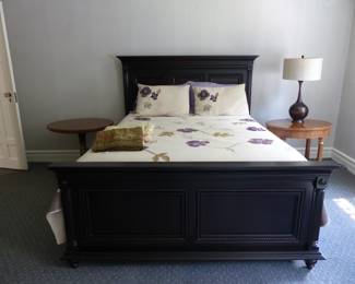 Bed, side tables, bedding, lamp