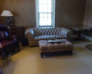 Chesterfield style sofa, fabric ottoman