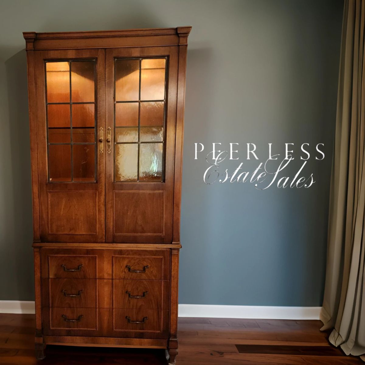 Vintage China Cabinet of Flamed Mahogany Veneer with Inlaid trim & amber glass doors $495 or bid #33