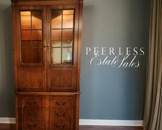 Vintage China Cabinet of Flamed Mahogany Veneer with Inlaid trim & amber glass doors $495 or bid #33