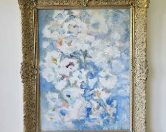 Listed Portland artist MARY DAVIS 18" x 24" oil on board "White Flowers" purchased at The Fountain Gallery $275 or bid #5