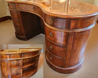 Kidney Writing Desk with Book Shelves & Contoured Beveled Glass Top $185 or bid #102