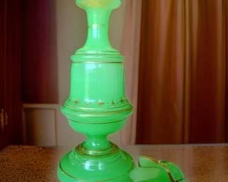 Antique Apple Green Opaline Barber Bottle with gilding & Tulip Stopper