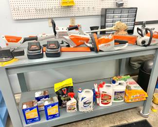 Stihl cordless yard tool set. Weed eater, chainsaw, blower, and hedge trimmer 