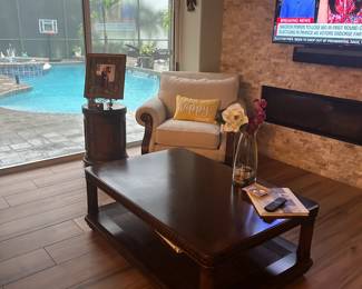 Tommy Bahama coffee table and white chair