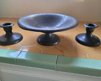 3 piece Roycroft candlesticks and bowl copper set