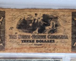1862 authentic 3 dollar bill, Civil War period, from North Carolina