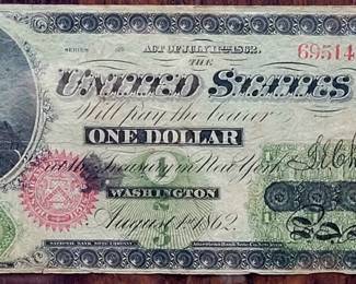 1862 original "greenback"...first Federal Reserve 1 dollar note from 1862...Civil War