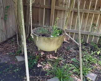 Iron stand with hanging antique cast iron wash-pot