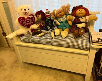 Storage bench w/ cushions and a few friends - CABBAGE PATCH DOLLS & SOCK MONKEYS!