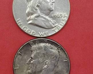 1963 Franklin Half Dollar & 1964 Kennedy Half Dollar, 90% Silver